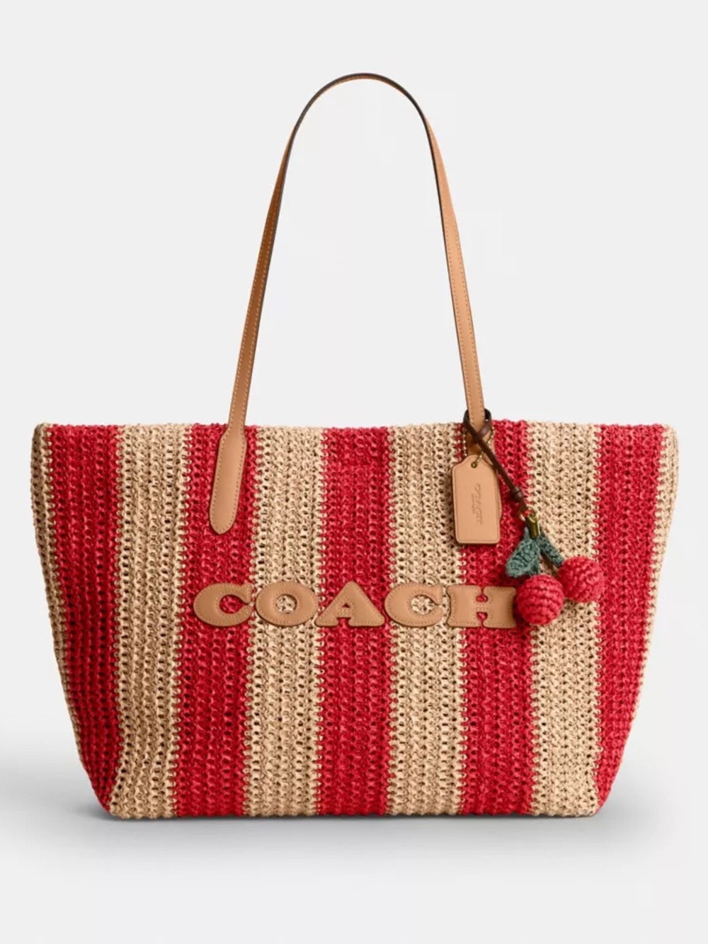 COACH City Tote Natural Straw Leather Red Stripe Cherry Charm